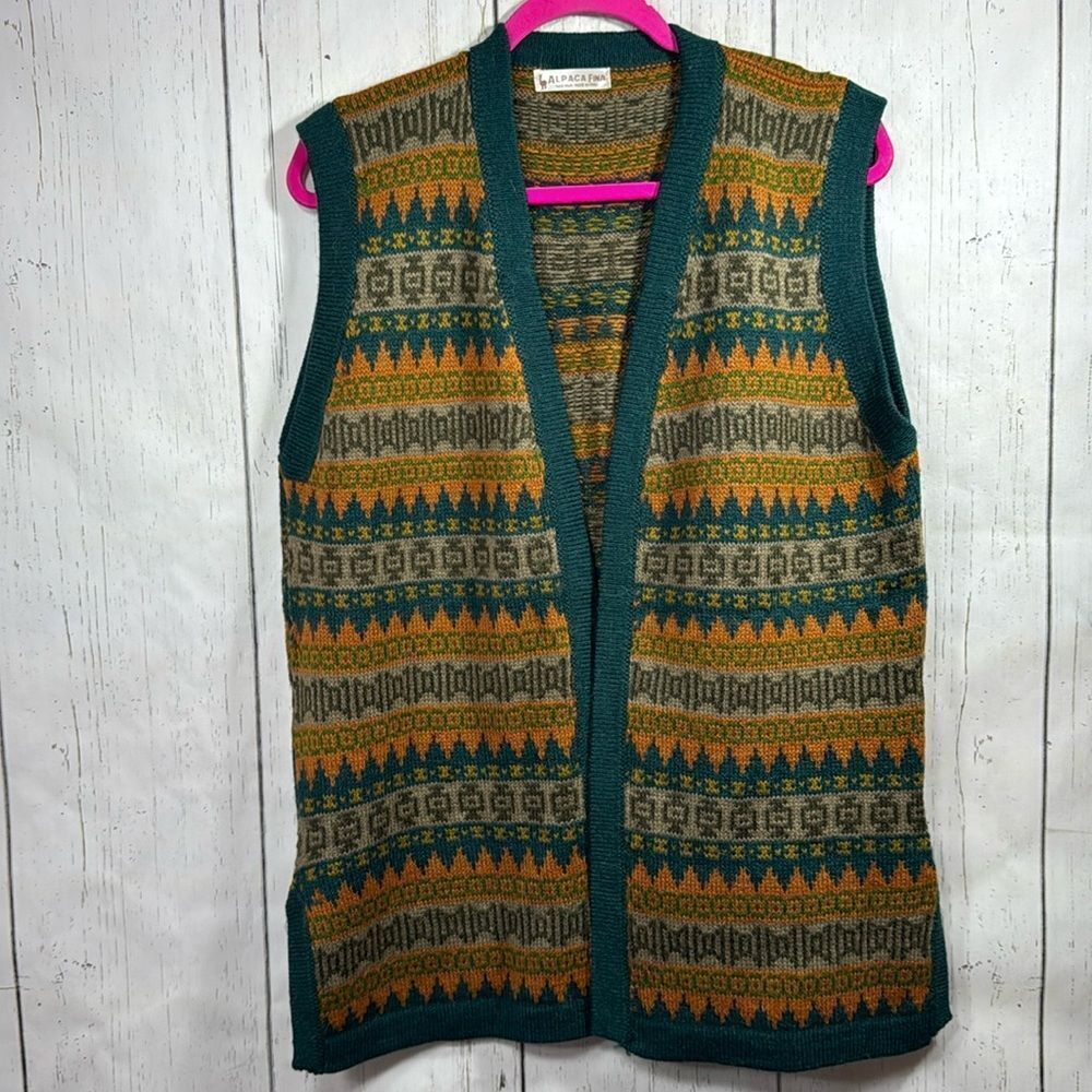Alpaca Fina Peru Teal Mustard Geometric Knit Open Sweater Vest Cottagecore Cozy